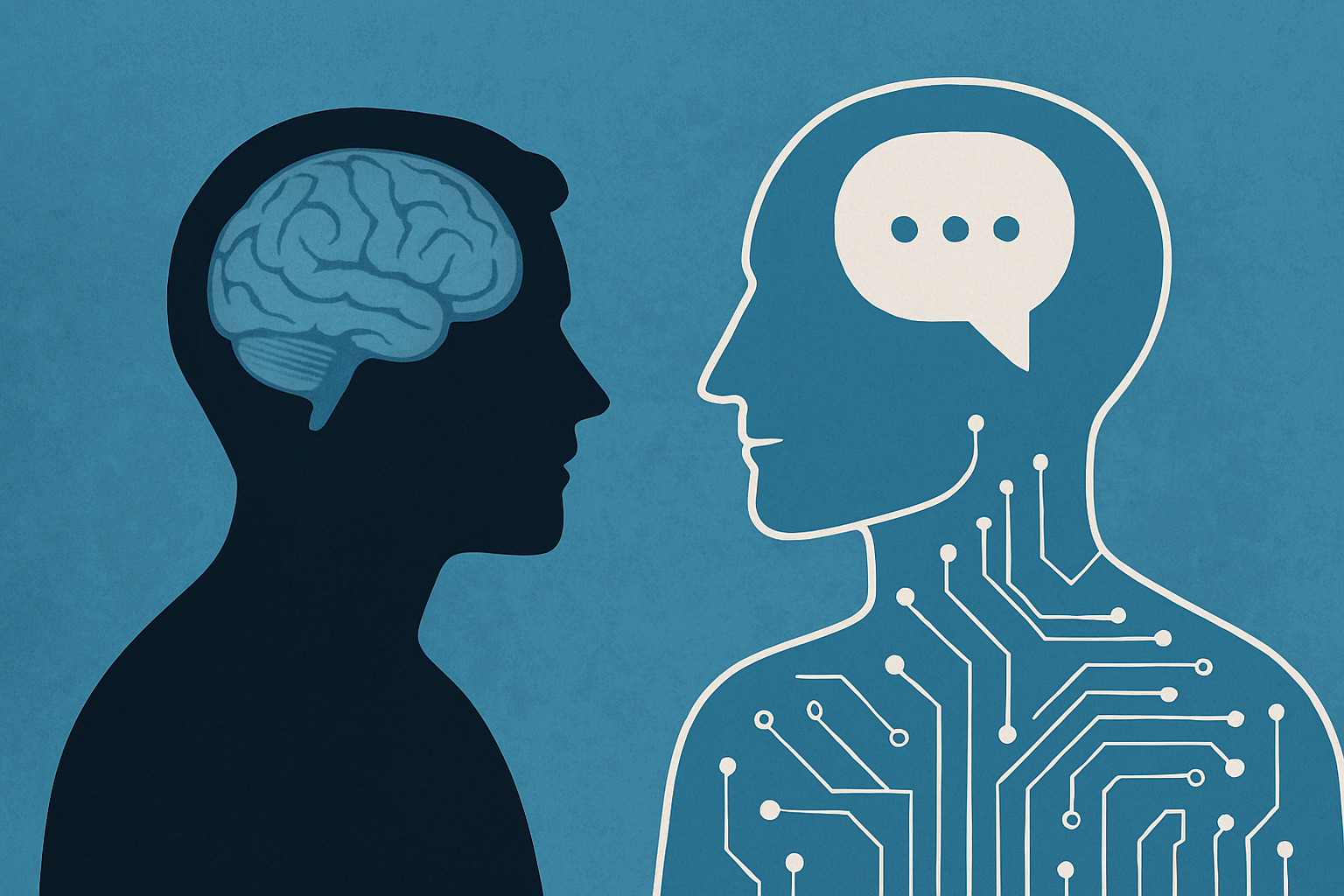 Illustrazione concettuale che rappresenta l’incontro tra intelligenza artificiale e psicoterapia, con figura umana e terapeuta digitale a confronto